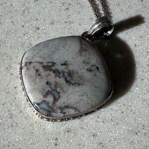 Gray Natural Quartz stone and Sterling Silver Pendant Necklace